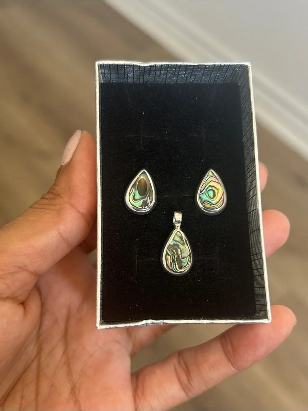Taxco Mexigo 925 Sterling Silver Abalone Shell Teardrop Earrings & Pendant Set